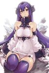  alternate_hair_color bare_shoulders blush brown_eyes cosplay detached_sleeves dress hair_ornament kantai_collection nagato_(kantai_collection) panties pantyshot pantyshot_(sitting) purple_hair purple_legwear ribbed_dress seaport_hime seaport_hime_(cosplay) short_dress sitting solo thighhighs thomasz underwear yokozuwari 