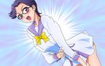  blush bow davi_(dokidoki!_precure) db_(dokidoki!_precure) dokidoki!_precure dress dutch_angle earrings glasses jewelry looking_at_viewer oogai_daiichi_middle_school_uniform open_mouth pcwr_etchy precure purple_eyes purple_hair sailor_collar school_uniform solo 