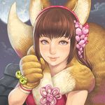  animal_ears bad_id bad_pixiv_id bell blue_eyes blush brown_hair flower fox_ears fox_tail full_moon fur_collar gloves hair_flower hair_ornament hairband jingle_bell kemonomimi_mode lips long_hair maou_alba moon nose oichi_(sengoku_musou) paw_gloves paws sengoku_musou smile solo tail 