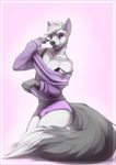  2014 anthro black_lips black_nose bulge canine clothed clothing crossdressing girly hair kneeling looking_at_viewer lost-paw male mammal purple_eyes solo white_hair 