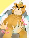  ashigara bandage blush chest_tuft clothing eyebrows facial_hair grope jacket kuromityu_kn male mammal mohawk overweight pecs slightly_chubby solo_focus thick_eyebrows tokyo_afterschool_summoners tuft ursine video_games 