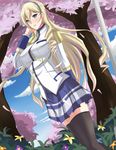  adjusting_hair black_legwear blonde_hair blue_eyes blush breasts celia_kumani_entory cloud day drill_hair dutch_angle hairband highres large_breasts long_hair reika_j school_uniform skirt sky solo thighhighs tree very_long_hair walkure_romanze zettai_ryouiki 