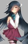  black_hair blue_bow blue_neckwear bow bowtie grey_background grey_legwear hair_over_one_eye hair_ribbon hayashimo_(kantai_collection) highres kantai_collection long_hair long_sleeves looking_at_viewer metindone pantyhose red_skirt ribbon shirt simple_background skirt solo standing thigh_strap very_long_hair vest white_shirt 