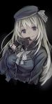  ama-tou atago_(kantai_collection) black_background black_gloves blue_eyes gloves hat highres kantai_collection light_smile long_hair looking_at_viewer simple_background sketch solo upper_body 