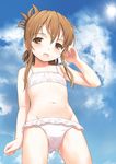  :d bad_id bad_pixiv_id bikini brown_eyes brown_hair cloud day flat_chest folded_ponytail from_below inazuma_(kantai_collection) jiji kantai_collection long_hair navel open_mouth sky smile solo swimsuit white_bikini 