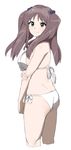  bikini breasts brown_hair cowboy_shot cropped_legs green_eyes hair_bobbles hair_ornament highres hisakawa_riho holding_arm large_breasts light_smile looking_at_viewer okamoto_miyu side-tie_bikini simple_background solo standing string_bikini swimsuit twintails wake_up_girls! white_background white_bikini 