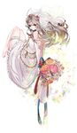  absurdres arms_behind_back bad_id bad_pixiv_id bare_legs bare_shoulders barefoot bouquet bridal_veil bride dress error flower from_behind hair_ornament highres long_hair looking_at_viewer looking_back original red_eyes shiguma_(sigmasmail) silver_hair smile solo thigh_strap veil wedding_dress white_dress wrong_feet 