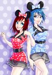  2girls animal_ears aqua_(kingdom_hearts) belt blue_hair bow breasts cleavage drawfag dress kairi kingdom_hearts mouse_ears multiple_girls panties red_hair see-through short_dress underwear 