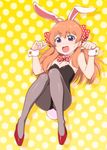  :d alternate_costume antenna_hair blush bow bowtie bunny_tail bunnysuit detached_collar embarrassed gekkan_shoujo_nozaki-kun hair_bow leotard long_hair open_mouth orange_hair pantyhose paw_pose polka_dot polka_dot_background polka_dot_bow purple_eyes sakura_chiyo smile solo sweatdrop tail ueyama_michirou wrist_cuffs 