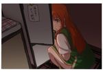  :t alternate_eye_color caught chinese_clothes eating food food_on_face from_above hong_meiling long_hair looking_up magnet red_eyes red_hair refrigerator refrigerator_magnet short_sleeves side_slit solo tangzhuang terimayo touhou translated 