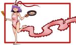  apron barefoot breasts cleavage closed_eyes collarbone frame frying_pan hat hat_ribbon medium_breasts nagae_iku naked_apron onikobe_rin oversized_clothes purple_hair ribbon smile solo spatula sunny_side_up_egg touhou 