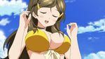  1girl animated animated_gif bikini breast_suppress breasts brown_hair cleavage hair_ornament hairclip huge_breasts long_hair shinomiya_himawari sky smile solo swimsuit vividred_operation yellow_eyes 