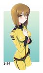  belt blush bob_cut bodysuit brown_eyes brown_hair cosplay hagiwara_yukiho highres idolmaster idolmaster_(classic) looking_at_viewer mori_yuki mori_yuki_(cosplay) sat short_hair solo uchuu_senkan_yamato uchuu_senkan_yamato_2199 yellow_bodysuit 