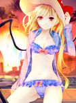  bad_id bad_pixiv_id bikini blonde_hair blue_bikini breasts cloud collarbone daimaou_ruaeru flandre_scarlet frilled_bikini frills hat highres jacket long_hair long_sleeves open_clothes open_jacket red_eyes side_ponytail sitting sky small_breasts smile solo sunset swimsuit teenage touhou very_long_hair wings 