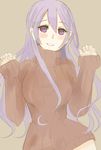 atelier_(series) blush breasts contrapposto drawfag highres large_breasts long_hair naked_sweater pamela_ibiss purple_eyes purple_hair ribbed_sweater smile solo standing sweater turtleneck 