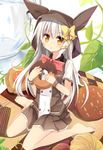  :o barefoot bow brown_hair carrying checkerboard_cookie cookie doughnut food hair_bow hair_ribbon jam_cookie long_hair looking_at_viewer original pleated_skirt pocky ribbon silver_hair sitting skirt solo wariza yuuhagi_(amaretto-no-natsu) 