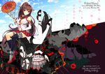  battleship_hime black_dress black_hair blush breasts brown_eyes brown_hair cherry_blossoms cleavage crossed_legs detached_sleeves dress flower hair_flower hair_ornament horns ideolo kantai_collection large_breasts long_hair looking_at_viewer miniskirt multiple_girls oni_horns oriental_umbrella pale_skin pleated_skirt ponytail red_eyes rotational_symmetry sayori shinkaisei-kan short_dress skirt smile thighhighs umbrella upside-down very_long_hair yamato_(kantai_collection) 