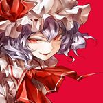  :d ascot banned_artist fang hat kozou_(soumuden) looking_at_viewer mob_cap open_mouth purple_hair red_background red_eyes remilia_scarlet ribbon short_hair simple_background smile solo touhou v-shaped_eyebrows 