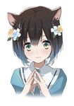  1girl animal_ears black_hair cat_ears compression_artifacts eihi female flower green_eyes hair_flower hair_ornament jpeg_artifacts looking_at_viewer md5_mismatch original resized short_hair simple_background smile solo steepled_fingers uniform white_background 