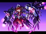  alternate_color ankle_boots armor blonde_hair blue_eyes boots brown_hair cropped_jacket dress fingerless_gloves full_body gloves highres jacket letterboxed long_skirt long_sleeves looking_at_viewer lyrical_nanoha machinery magical_girl mecha_musume purple_background red_dress shoes short_hair simple_background skirt solo takamachi_nanoha tappa_(esperanza) twintails wing_gundam_zero_custom 