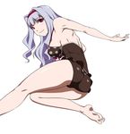  ass barefoot black_swimsuit blush breasts casual_one-piece_swimsuit feet hairband idolmaster idolmaster_(classic) legs long_hair long_legs looking_back medium_breasts one-piece_swimsuit polka_dot puge red_eyes shijou_takane sideboob silver_hair simple_background smile soles solo swimsuit toes white_background 