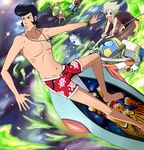  1girl :d afterimage bare_legs bare_shoulders barefoot black_hair blonde_hair blue_eyes blush bracelet brown_eyes collarbone commentary_request dandy_(space_dandy) dress erssime fish fishing_rod floral_print full_body gudon_(iukhzl) jewelry lifebuoy liquid looking_to_the_side male_swimwear meow_(space_dandy) navel necklace open_mouth outstretched_arm parted_lips pointy_ears qt_(space_dandy) red_dress short_hair sleeveless sleeveless_dress smile space space_dandy stomach surfboard surfing swim_trunks swimwear tareme upside-down 