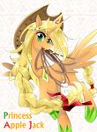  2014 applejack_(mlp) blonde_hair braided_hair cowboy_hat crown english_text equine female friendship_is_magic gem gold green_eyes hair hat horn looking_at_viewer mammal my_little_pony necklace rope solo sparkles text winged_unicorn wings yuki-zakuro 