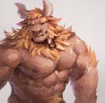  abs absurd_res biceps body_hair bovine cattle facial_piercing fur happy_trail hi_res horn jewelry lindong looking_at_viewer male mammal muscular necklace nipples nose_piercing nose_ring pecs piercing shackle solo yellow_fur 