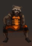  armpits crotch_bulge guardians_of_the_galaxy looking_at_viewer male mammal open_mouth plain_background raccoon red_eyes rocket_raccoon rossciaco solo 