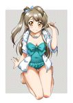 barefoot blush bow brown_eyes brown_hair casual_one-piece_swimsuit frilled_swimsuit frills gemini_nat hair_bow jacket jewelry long_hair love_live! love_live!_school_idol_project minami_kotori necklace one-piece_swimsuit one_side_up ponytail smile solo swimsuit 