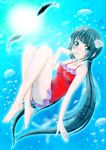  air_bubble bangs bare_legs barefoot black_hair blue_eyes blunt_bangs bubble casual_one-piece_swimsuit crossed_ankles finger_to_mouth fish frilled_swimsuit frills full_body h.i.t_(59-18-45) hair_ornament highres legs_folded long_hair long_legs looking_at_viewer low_twintails nagi_no_asukara one-piece_swimsuit red_swimsuit seashell shell shell_hair_ornament shiodome_miuna smile solo spaghetti_strap sunlight swimsuit twintails underwater very_long_hair 