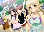  :d absurdres arm_up barefoot black_hair blonde_hair blue_eyes breasts brown_hair dutch_angle endou_rino girls_mate glasses gradient_hair hair_ornament hairpin hand_on_another's_shoulder hand_on_own_chest highres jinsei kujou_fumi large_breasts mole mole_under_eye multicolored_hair multiple_girls nikaidou_ayaka official_art open_mouth purple_hair ribbon scan scrunchie shorts skirt smile suzuki_ikumi_(jinsei) tsujikami_ayaka 