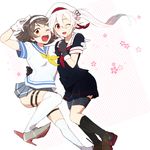  ;d beret black_gloves black_legwear black_skirt blue_hair brown_eyes brown_hair flower gloves gradient_hair grey_skirt hair_flower hair_ornament hairband harusame_(kantai_collection) hat ikeshita_moyuko kantai_collection kneehighs long_hair looking_at_viewer multicolored_hair multiple_girls neckerchief one_eye_closed open_mouth pink_eyes pink_hair pleated_skirt sailor_collar school_uniform serafuku short_hair side_ponytail skirt smile tanikaze_(kantai_collection) thigh_strap white_gloves white_legwear 