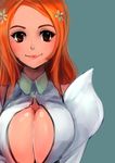  alternate_costume bleach breast_squeeze breasts ch2o cleavage cleavage_cutout forehead hair_ornament hairclip highres inoue_orihime large_breasts lips long_hair looking_at_viewer orange_hair red_eyes smile solo upper_body 