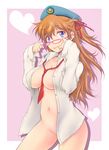  :p bad_id bad_pixiv_id between_breasts blue_eyes bottomless breasts brown_hair glasses hair_ribbon hat heart large_breasts long_hair looking_at_viewer necktie onizuka_takuto open_clothes open_shirt original pink-framed_eyewear pink_background red_neckwear ribbon shirt solo tongue tongue_out 