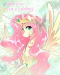  2014 arthropod blue_eyes butterfly crown english_text equine female fluttershy_(mlp) friendship_is_magic gold hair horn insect looking_at_viewer mammal my_little_pony necklace pink_hair portrait shiny solo sparkles text winged_unicorn wings yuki-zakuro 