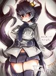  :&lt; black_hair black_legwear breasts cowboy_shot filia_(skullgirls) futakuchi-onna large_breasts long_hair miniskirt navel necktie red_eyes samson_(skullgirls) school_uniform skirt skullgirls solo thighhighs translation_request wrist_cuffs yodori-san zettai_ryouiki 