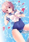  banned_artist blush bougainvillea_(flower) breasts flower hair_ornament i-58_(kantai_collection) kantai_collection konomi_(kino_konomi) looking_at_viewer medium_breasts partially_submerged pink_hair school_swimsuit school_uniform serafuku short_hair smile solo swimsuit swimsuit_under_clothes water 