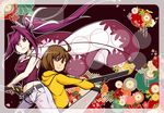  ahoge arcade_stick back-to-back battoujutsu_stance breasts brown_eyes brown_hair cape cherry_blossoms cleavage controller fighting_stance game_controller hair_intakes hair_ribbon hand_on_hip hood hood_down hoodie joelyn_lai joystick linne long_hair lyn_(shunao) multiple_girls nodachi ootachi ponytail purple_hair red_eyes reverse_grip ribbon shunao sword under_night_in-birth very_long_hair weapon yuzuriha_(under_night_in-birth) 