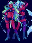  boots demon_girl demon_tail green_hair gun horn horns kneesocks_(psg) long_hair multiple_girls navel panty_&amp;_stocking_with_garterbelt ponytail red_skin scanty_(psg) siblings single_thighhigh sisters smile tail tegaki thighhighs turpentine_(pin) weapon 