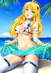  ahoge beach bikini_top blonde_hair blush breasts day frilled_legwear green_eyes highres hoshii_miki idolmaster idolmaster_(classic) lambda_(kusowarota) long_hair looking_at_viewer medium_breasts navel nipples ocean open_mouth smile solo stomach thighhighs 