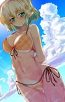  animated animated_png arms_behind_back bikini blush breasts cloud collarbone day front-tie_top green_eyes large_breasts looking_at_viewer mizuhashi_parsee navel orange_bikini pointy_ears short_hair side-tie_bikini sky solo sousakubito stomach swimsuit thigh_gap thumbnail_surprise touhou wet 
