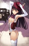  ass bangs black_hair blunt_bangs breastless_clothes brown_eyes corset dark_nipples elbow_gloves excessive_pubic_hair flat_chest garter_straps gloves hat highres karasuma_sachiko long_hair looking_at_viewer navel nipples original pubic_hair skinny solo thighhighs white_gloves yuzawa zenra 