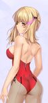  ass bare_back blonde_hair blush breasts hair_ornament large_breasts leotard long_hair only_haruka open_mouth phantasy_star phantasy_star_online_2 red_leotard simple_background solo tattoo yellow_eyes 