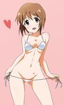  :d bikini brown_eyes brown_hair groin hagiwara_yukiho heart highres idolmaster idolmaster_(classic) looking_at_viewer navel open_mouth pink_background short_hair side-tie_bikini smile solo string_bikini swimsuit tokiani untied untied_bikini untying white_bikini 