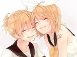  1girl bare_shoulders blonde_hair brother_and_sister closed_eyes hair_ornament hair_ribbon hairclip kagamine_len kagamine_rin kuronyanko ribbon sailor_collar short_hair siblings smile twins vocaloid 