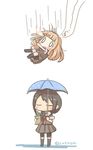  2girls bag black_hair blonde_hair braid chibi closed_eyes falling hair_ribbon highres inishie kantai_collection long_hair multiple_girls open_mouth pun ribbon shigure_(kantai_collection) shopping_bag spring_onion too_literal translated umbrella yuudachi_(kantai_collection) 