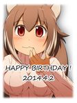  2014 :3 animal_ears blazblue blush breasts brown_eyes brown_hair casual happy_birthday highres large_breasts makoto_nanaya mirano multicolored_hair ribbed_sweater short_hair solo squirrel_ears squirrel_tail sweater tail turtleneck two-tone_hair 