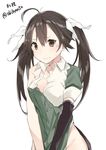  ahoge akiha_(attract) bad_id bad_twitter_id brown_eyes brown_hair character_name hair_ribbon kantai_collection long_hair ribbon solo tears tone_(kantai_collection) torn_clothes twintails twitter_username v_arms white_background white_ribbon 