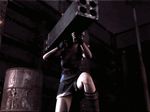  3d animated animated_gif breasts cg cgi cleavage jill_valentine legs long_boots lowres miniskirt on_ground resident_evil rocket_launcher short_hair sideboob skirt standing_up thighs torn_clothes tube_top tubetop weapon 